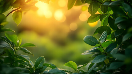 Obraz premium Green Leaves with Sunlit Bokeh Background, Foliage, Sunlight, Nature, Frame, Abstract