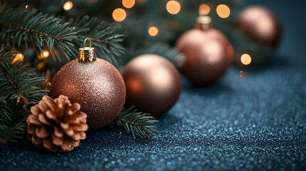 Christmas Baubles with Pine Branches and Lights, ornaments, decoration, decorations, festive, holiday