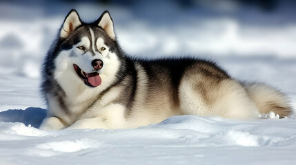 Naklejka premium Siberian Husky Dog Lying in the Snow, Canine, Animal, Pet, Puppy, Winter