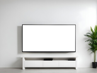 Fototapeta premium wide screen TV on white stand near light wall