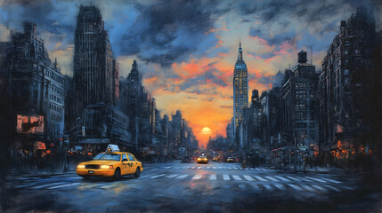 A yellow taxi drives down a busy city street at sunset with the Empire State Building in the distance.