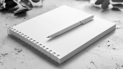 Minimalist notepad and pen mockup on a textured white background for branding stationery designs or office presentations. Ideal for clean and modern product showcases.. Generative AI