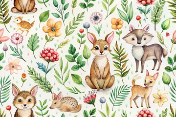 Obraz premium seamless watercolor pattern with woodland creatures, plants, flowers