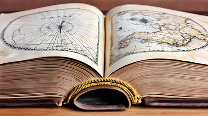 Obraz premium Open antique book with maps of the world.
