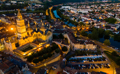 Fototapeta premium Aerial view of Perigueux city illuminated at night, Perigord Blanc, Dordogne..