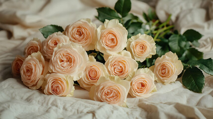 Obraz premium Peach Roses on White Fabric, light pink roses, roses on fabric, soft pink roses, pink flowers, fabric background