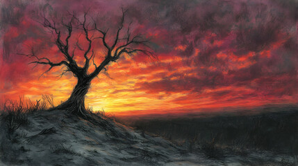 Fototapeta premium A lone tree stands on a hilltop against a fiery sunset.