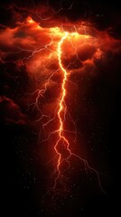 Lightning bolt with branching fingers. Scary massive red strike with dark clouds vertical image