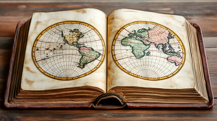 Antique open book with world map on aged paper.