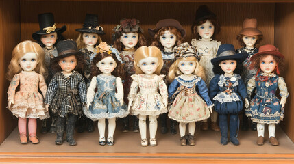 Fototapeta premium A collection of porcelain dolls in various outfits and hats on a wooden shelf.