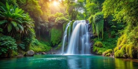 Obraz premium A tranquil waterfall cascades into a serene pool surrounded by lush greenery, with the warm glow of sunlight filtering through the verdant canopy.
