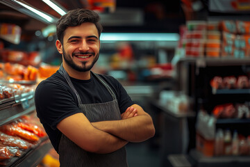 Fototapeta premium Smiling male worker in grocery store bakery section