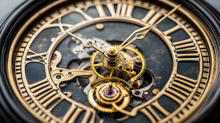 Fototapeta premium Close-up of a vintage clock face with exposed gears and intricate mechanisms.