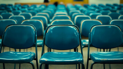 Obraz premium Empty Blue Chairs in a Row, seating, auditorium, conference, lecture hall, school