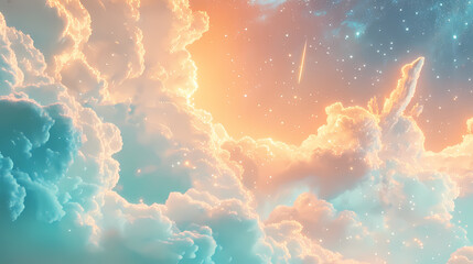A cosmic dreamscape with floating clouds shimmering stars and ethereal light. Digital Dreamscape. Illustration