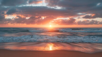 Fototapeta premium A stunning sunset over the ocean featuring vibrant orange and pink hues in the sky, waves gently crashing onto the shore, and reflecting light off the water.