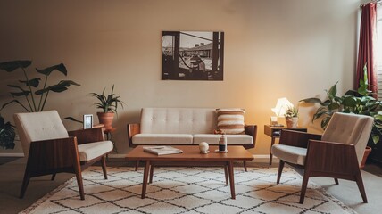 Mid-century modern living room with a white sofa, two armchairs, a coffee table and a rug.