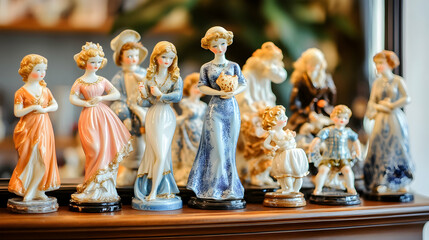 A collection of porcelain figurines of women, children, and a man, arranged on a wooden shelf.