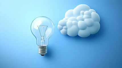 Lightbulb and Cloud on Blue Background, idea, innovation, inspiration, creativity, thinking