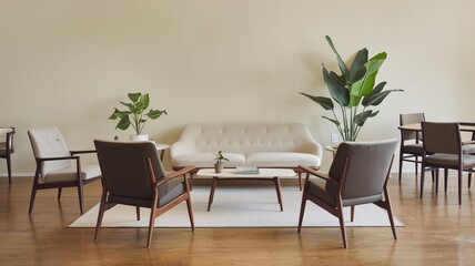 Mid-Century Modern Living Room A minimalist living room with a white couch, two armchairs, a coffee table, and plants.