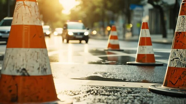 A close-up view of a row of orange and white traffic cones on an asphalt road with a blurred background of cars and buildings.