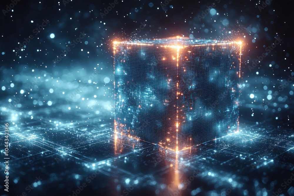 Poster glowing digital cube with orange and blue lights on a dark background