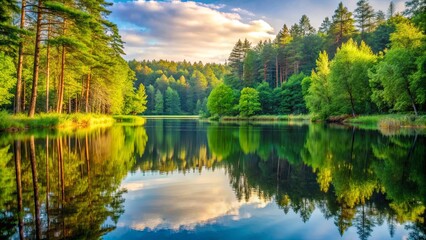 Obraz premium The serene beauty of a tranquil lake, reflecting the verdant canopy of the surrounding woodland, with a hint of golden sunlight dappling through the leaves.