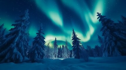 Naklejka premium Northern Lights Dance Over a Snowy Forest