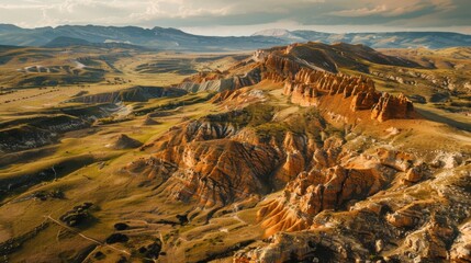 Incredible aerial shot showcasing a stunning landscape of red rock formations and lush green valleys, capturing the natural beauty and dramatic topology of the terrain.