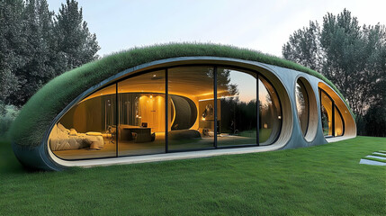 Modern Eco-Friendly House with Green Roof, modern architecture, sustainable living, green building, grass roof, contemporary architecture