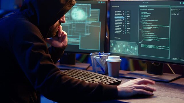 Hacker hiding in underground bunker, chatting with friend in telephone call, anxious after stealing data from victims using computer virus, scared about being caught by police, camera B close up