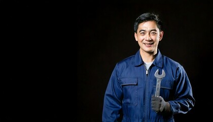 つなぎの作業服を着た40代の自動車整備士、男性。