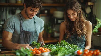 Couple cooking a meal together in a home kitchen. Featuring fresh ingredients and a shared cooking experience. Emphasizing teamwork and culinary fun. Ideal for cooking and lifestyle content.