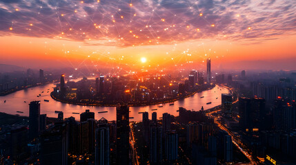 Obraz premium Cityscape with Network Connections at Sunset, urban, skyline, dusk, twilight, evening