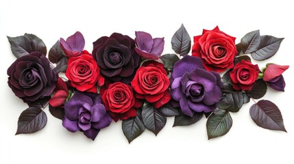 Obraz premium Elegant Red and Purple Roses with Dark Green Leaves