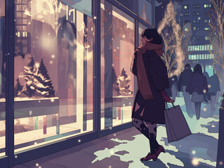 冬にウインドウショッピングする女性