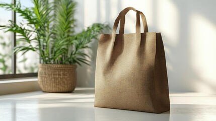 A reusable grocery bag made from eco-friendly materials, standing in a sunlit, modern room, with a potted plant in the background. Natural light highlights its textured fabric.