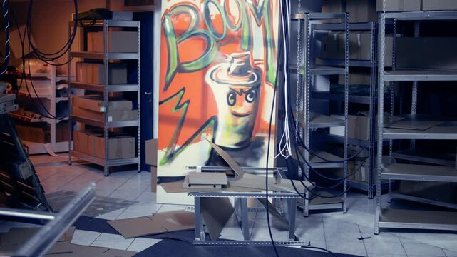 Empty creepy ruins with graffiti paintings on walls, concept of alternative lifestyle. City slums ghetto location used as crime headquarters by hooligans doing street art, jib down shot