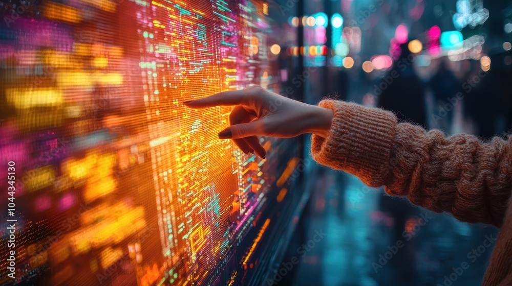 Aufkleber a hand interacting with a colorful digital display in a city at night