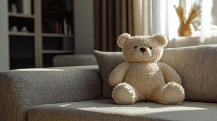 An empty scene featuring blank mockup template (a bear-shaped pillow on a couch), creating an ideal product mockup space, 