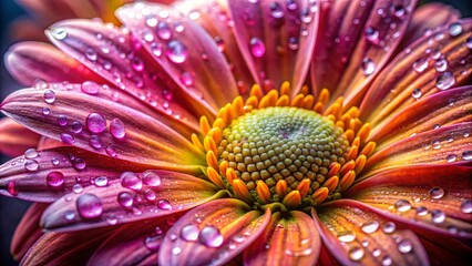 Obraz premium A close-up view of a vibrant flower with water droplets on its petals, showcasing the intricate details and delicate beauty of nature's artistry.