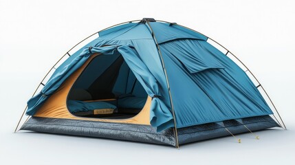 Water-resistant blue camping tent mockup shown from the front with open entrance and interior bedding on a clean white background.. Generative AI