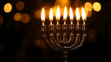 Fototapeta premium Menorah with lit candles against a bokeh background, Hanukkah, Jewish, flame, light, fire