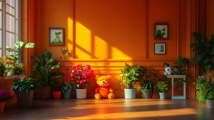 Sunny Living Room with Plants and Teddy Bear, orange wall, interior design, home decor, houseplant, green plants