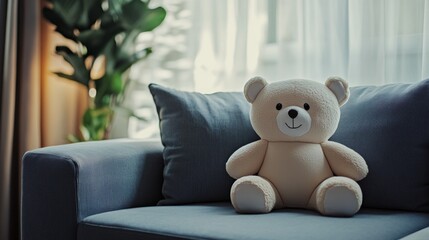 An empty scene featuring blank mockup template (a bear-shaped pillow on a couch), creating an ideal product mockup space, 