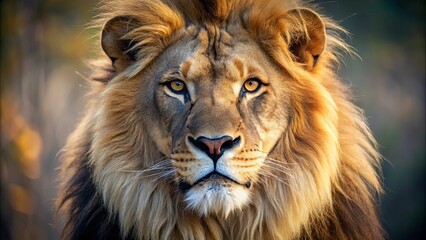 Fototapeta premium A Close-Up Portrait of a Majestic Lion with Golden Fur and Intense Gazing Eyes, Revealing a Powerful and Intriguing Nature