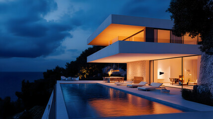 Fototapeta premium Modern Villa With Infinity Pool and Ocean View at Dusk, luxury villa, swimming pool, sea view, twilight, evening