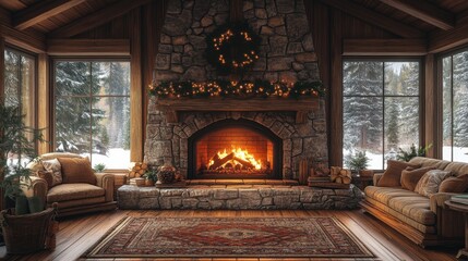 Fototapeta premium Cozy cabin interior with a roaring fireplace. Featuring a warm living space and rustic furniture. Highlighting comfort and rustic charm. Ideal for home and lifestyle magazines.