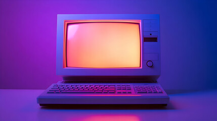 Retro Computer with Neon Lights, vintage computer, old computer, computer screen, keyboard, purple lights