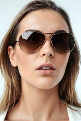 Fototapeta premium Beautiful stylish fashionable woman wearing stylish sun glasses on white background